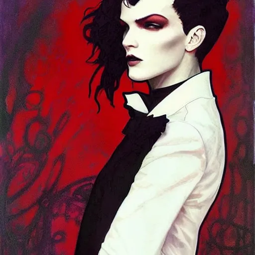 Prompt: beautiful portrait of androgynous ruby rose as desire from sandman in a white tuxedo!!!, rockabilly style, by alphonse mucha, cedric peyravernay, by jeremy mann, by frank moth, white suit and black tie, soft lightning, high detailed, 8 k