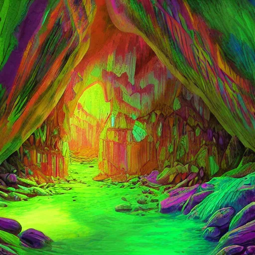 Image similar to rainbow colored caves lead to a rainforest, highly detailed digital art, artstation, cfg = 3