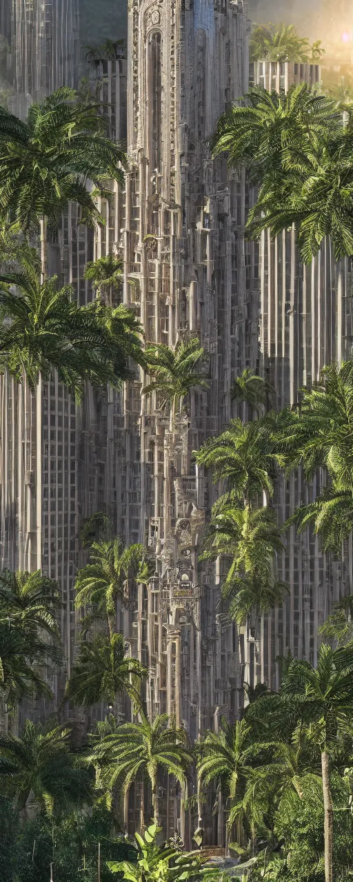 Prompt: photorealistic photo a contemporary babylon tower, golden intricate details, stone facade, sacred ancient architecture, lush hanging gardens, cascading highrise, arid mountains with lush palm forest, sunlight, post - production, octane, cgi, sfx