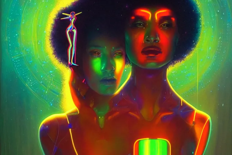 Prompt: patron saint of 👽 🌈👩🏾, futuristic clothing, woman and robot, disco party, neon god of city character portrait, in the style of moebius, tom bagshaw, and waterhouse, cinematic lighting, beautiful, elegant, oil painting,