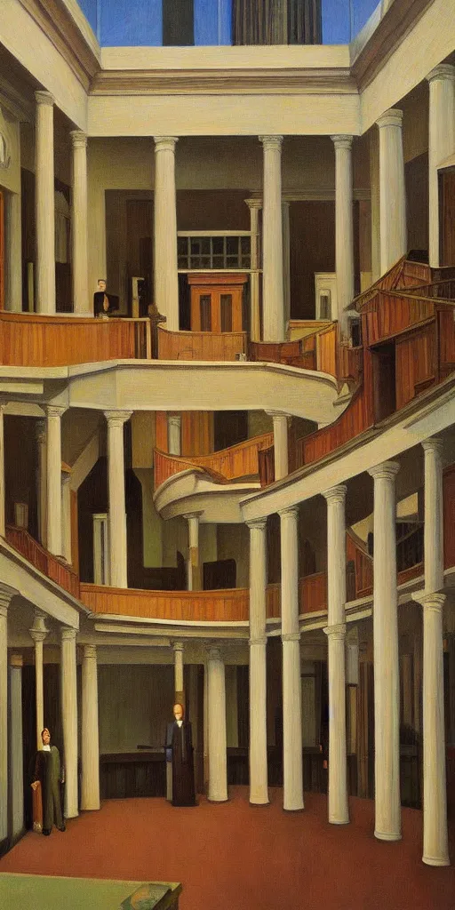 Prompt: grandiose atrium, grant wood, pj crook, edward hopper, oil on canvas