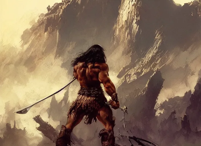 Image similar to conan the barbarian, intricate, elegant, highly detailed, vivid colors, john park, frazetta, sparth, ruan jia, jeffrey catherine jones