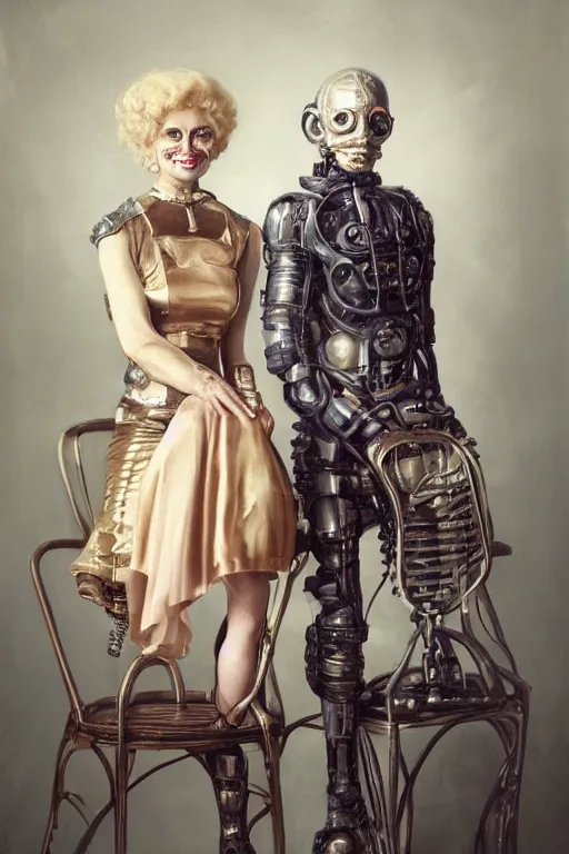 Image similar to a beautiful ultradetailed fine art old vintage couples portrait photo of cyborgs sitting on a chair and standing, by tom bagshaw and zach sutton, couples portrait, vignette, 35mm lens, golden ratio composition, studio photography, very detailed, humanoids, artstation, 8k, highly coherent