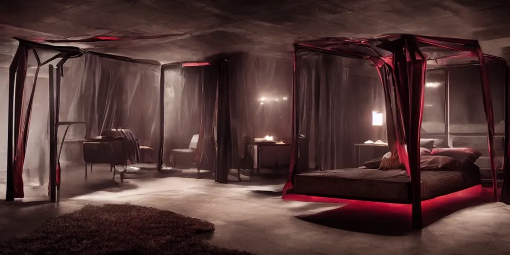 Image similar to night time, moody dark, dark red leather dungeon bedroom in the style of blade runner 2 0 4 9, canopy bed