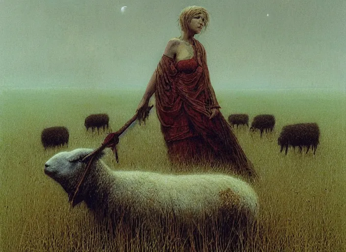 Prompt: shepherd grazes sheep on a green meadow by Luis Royo and Beksinski