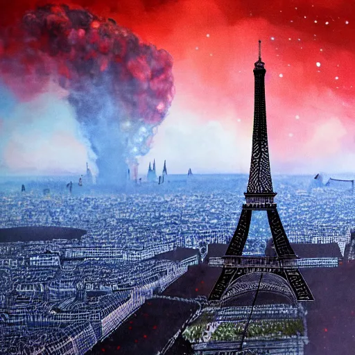 Image similar to the eifel tower gets hit by an asteroid, multiple asteroids are in the air, paris in the background is burning, apocalyptic, highly detailed, 4 k, digital paintin, sharp focus, tending on artstation