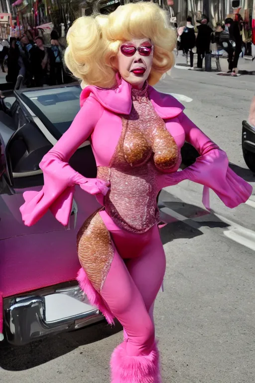 Image similar to Angelyne shoos away paparazzi holding cameras with salami lenses