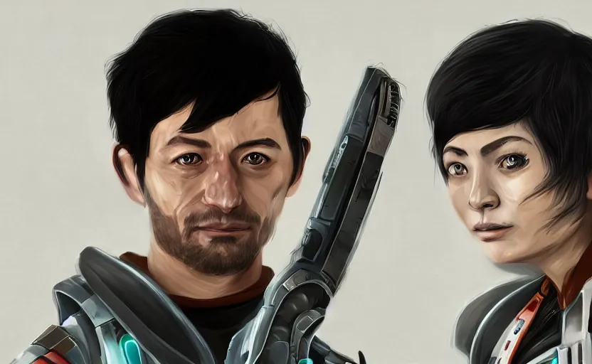 Image similar to friendship isaac clarke from dead space with morgan yu from prey ( 2 0 1 7 ), digital art