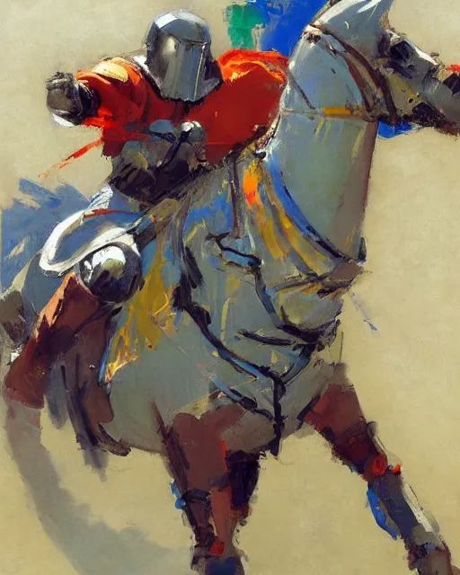 Image similar to close - up portrait of colorful rider pointing jousting lance at camera, caparisons, galloping, chainmail, by greg manchess, bernie fuchs, ruan jia, walter everett