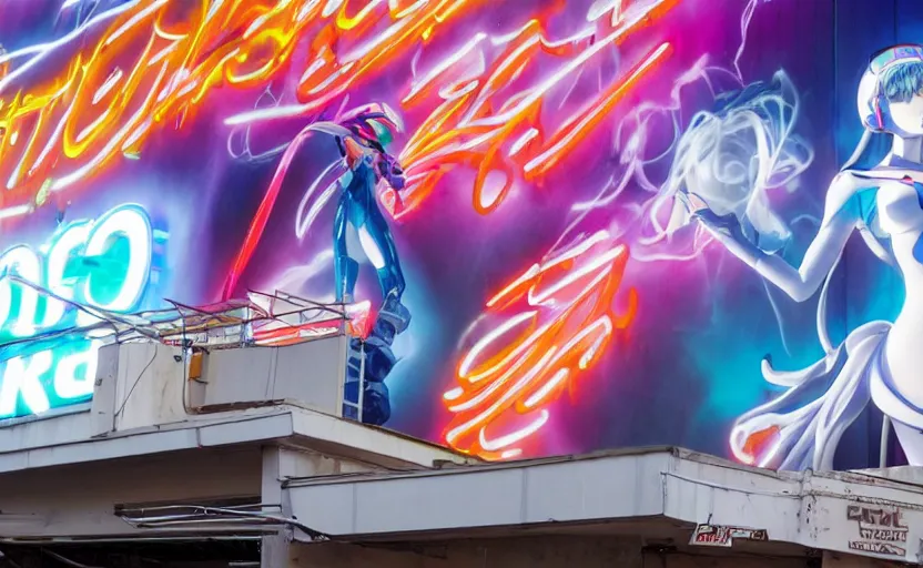 Image similar to billboard advertisement with an extremely beautiful photo of a white marble statue of an anime girl with colorful motocross logos and motorcycle helmet with closed visor, colorful smoke in the background, carved marble statue, fine art, neon genesis evangelion, virgil abloh, offwhite, denoise, highly detailed, 8 k, hyperreal