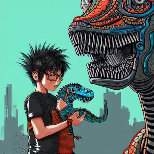 Image similar to intricate detailed color manga style illustration of a cyborg punk street kid with a pet dinosaur, cyberpunk