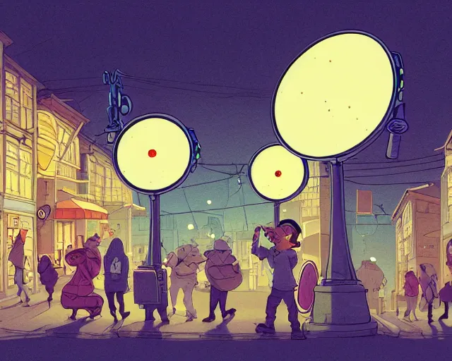 Prompt: a study of cell shaded cartoon of music band playing music street lamps, road, illustration, wide shot, subtle colors, post grunge, concept art by josan gonzales and wlop, by james jean, Victo ngai, David Rubín, Mike Mignola, Laurie Greasley, highly detailed, sharp focus, Trending on Artstation, HQ, deviantart, art by artgem