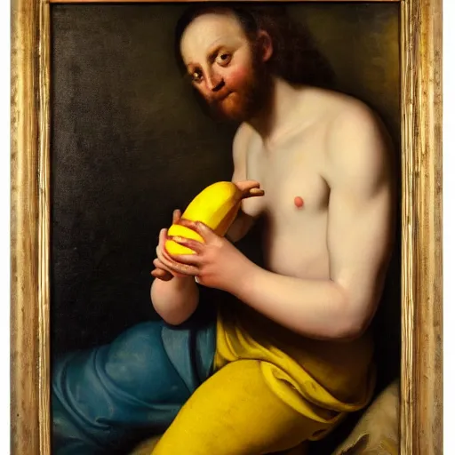 Image similar to man caressing a banana, oil painting, 1 6 6 9, high quality, high resolution