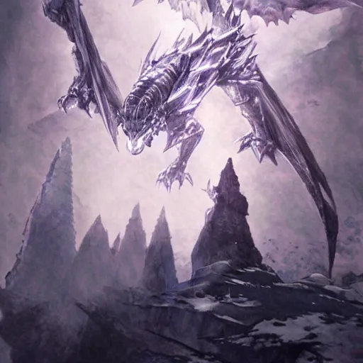 Image similar to Ice castle floating high above the ground being circled by a magnificent white scaled ice dragon, drawn by Yoji Shinkawa, water color, Dungeons and Dragons, Wizards of the Coast