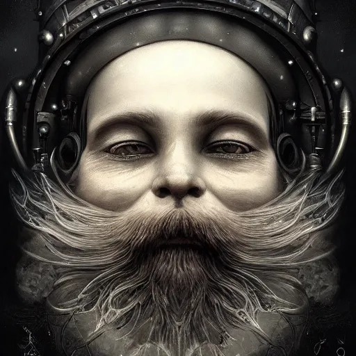 Image similar to By Tom Bagshaw, ultra realist soft painting of gloomy universe by night, steampunk Dwarf smile beard, symmetry accurate features, very intricate details, ominous sky, black and white, volumetric light clouds