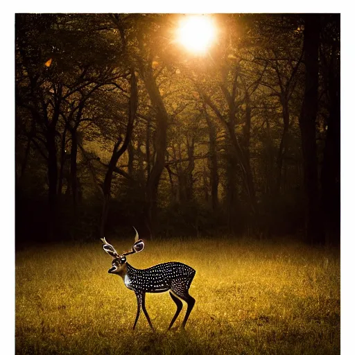 Image similar to a beautiful spotted deer in the woods lit by the morning sky, sunrise, chital, photorealistic, by annie leibovitz and steve mccurry, natural light, canon eos c 3 0 0, ƒ 1. 8, 3 5 mm, 8 k, medium - format print