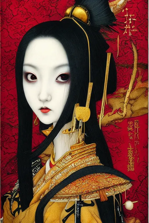 Prompt: watercolor painting of a japanese bjd geisha vampire queen with a long neck by tom bagshaw, ayami kojima, mark ryden in the style of thoth tarot card, dark - fantasy, red, gold, black