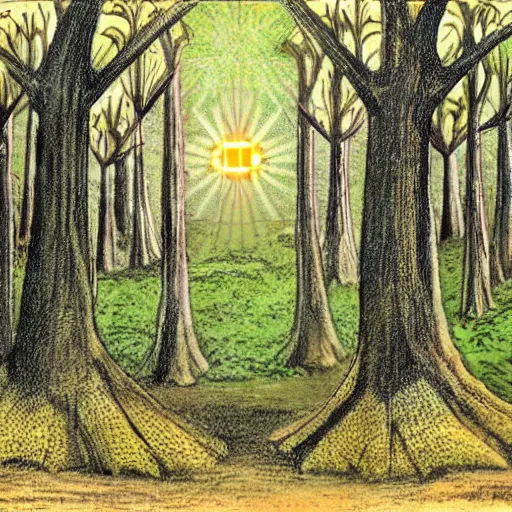 Image similar to mushroom trees viewed from the forest floor with a god ray drawn by John Avon