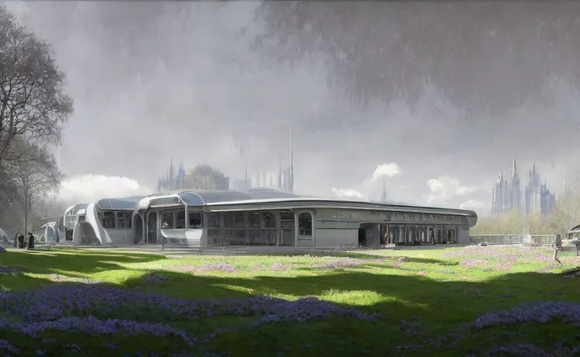 Image similar to painting of a wide angle exterior shot of a white modern futuristic utopian train station in the middle of an english garden with cinematic lighting by peter zumthor and renzo piano, darek zabrocki and greg ruthkowski, alphonse mucha, simon stalenhag and cinematic and blue cold atmospheric, archillect concept art, artstation, trending on artstation