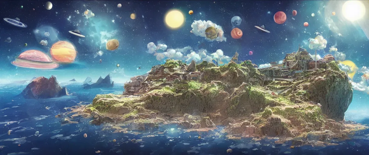 Prompt: a crumbling island floating in space, debris, surrounded by planets and stars, in style of hayao miyazaki, digital art, detailed,