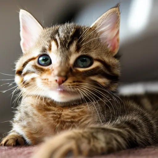 Image similar to A Close up photograph of a Cute brown tabby kitten, 8k, UltraHD