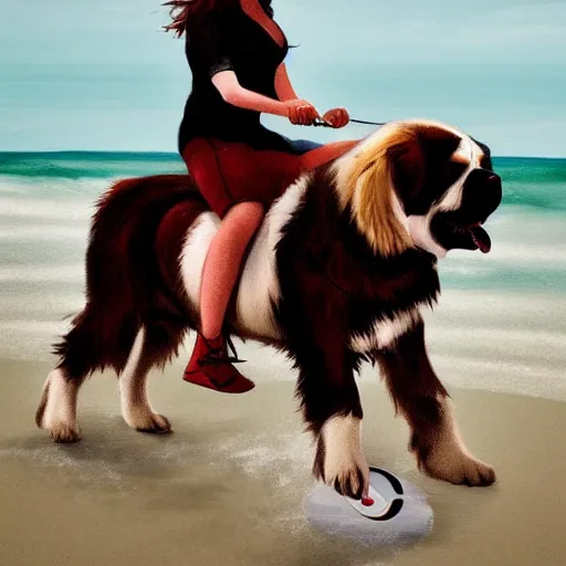 Image similar to girl riding a giant saint Bernard at the beach catching a frisbee, trending on artstation