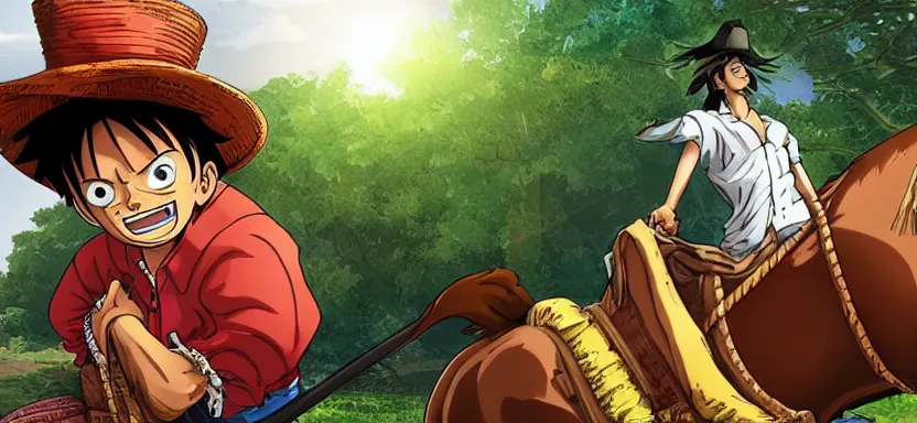 Image similar to “ luffy riding horse, side shot, 8 k resolution, high detailed ”