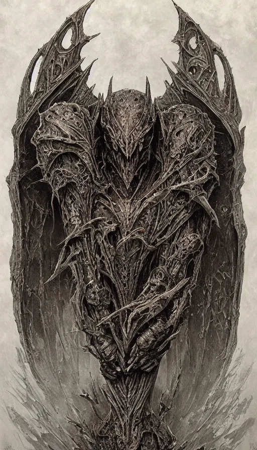 Image similar to Scorn themed painting of symmetrical torso abyssal darkness armor anatomy with armored bat wings and extended evil hands concept, intricate artwork by H.R. Giger, Johnatan Wayshak, Zdizslaw Beksinski, Ayami Kojima, Amano, Karol Bak, Moebius, and Mark Brooks, Neo-Gothic, gothic, rich deep colors, art by Takato Yamamoto, masterpiece, face by Artgerm, very coherent artwork, cinematic, hyper realism, high detail, octane render, unreal engine, 8k, High contrast, golden ratio, trending on cgsociety