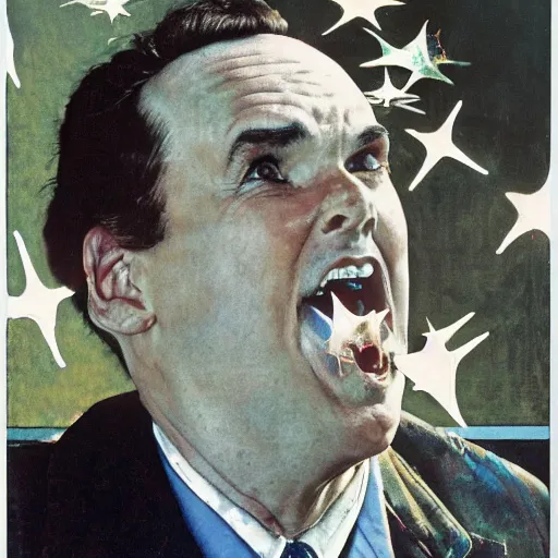 Image similar to a norman rockwell painting of norm macdonald catching stars falling out of the sky, his expression is that of disbelief