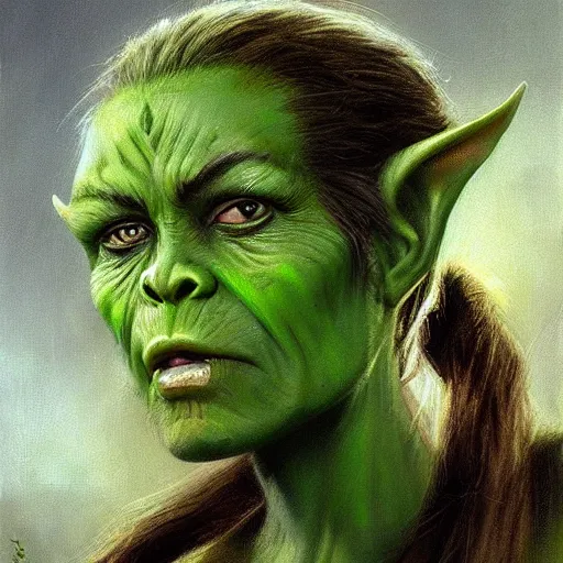 Image similar to character portrait of a green orc female, light green tone beautiful face by jeff legg