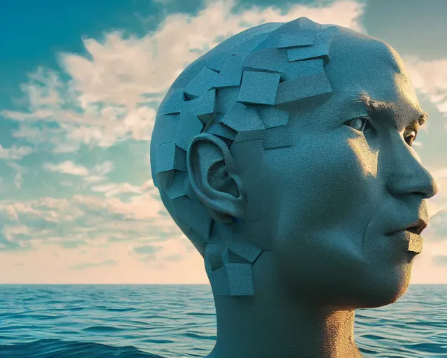 Image similar to a giant human head award winning sculpture on the surface of the ocean, abstract sculpture, in the style of chad knight, hyper detailed, hyper realistic, ray tracing, 8 k resolution, sharp focus