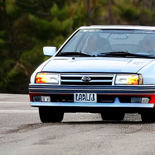 Prompt: Dolph Lundgren driving a Subaru Legacy