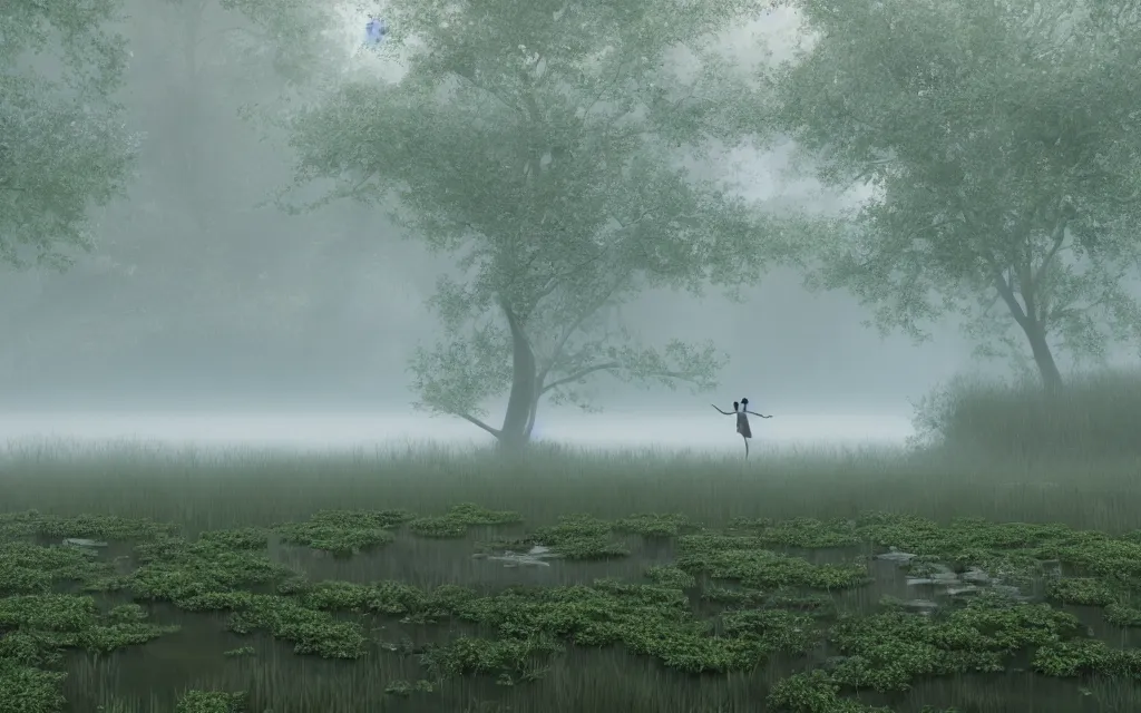 Image similar to gorgeous fairy looking into an aethereal pond in a gloomy meadow covered by fog, photorealistic, 8K rendered with octane