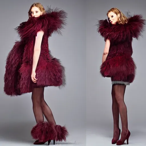 Prompt: a light feminine dress made of feathers and burgundy fur, fashion design