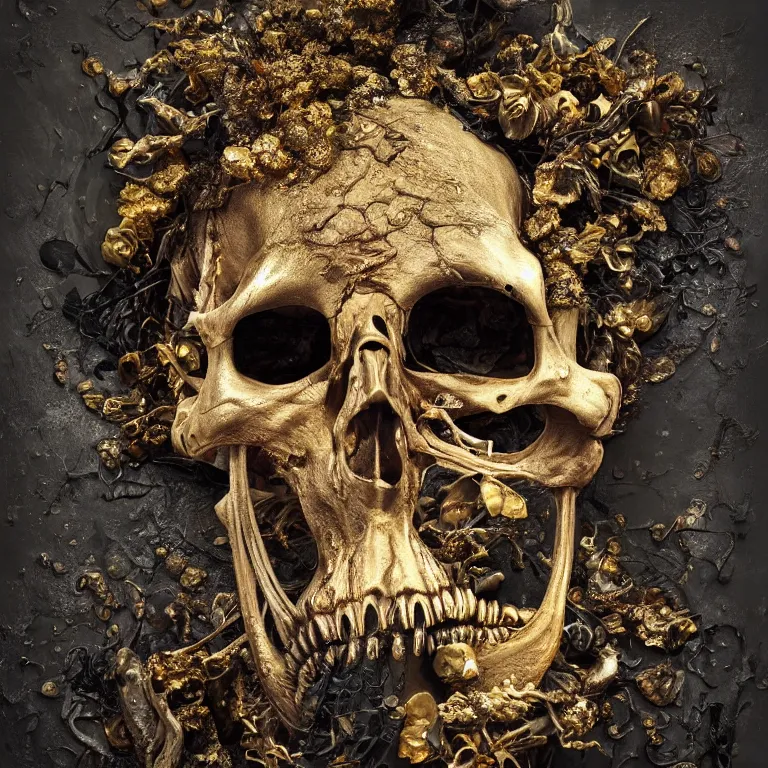 Image similar to A beautiful oil painting hyperrealism of a decayed black skeleton head, rotting black clay skin, bones, close up, gold flowers, gold floral headdress, 8k resolution, octane render, Trending on artstation, by Gediminas Pranckevicius, volumetric light 2blue fractal Thunder glow by dan mumford, anaglyph effect, Laurie Lipton