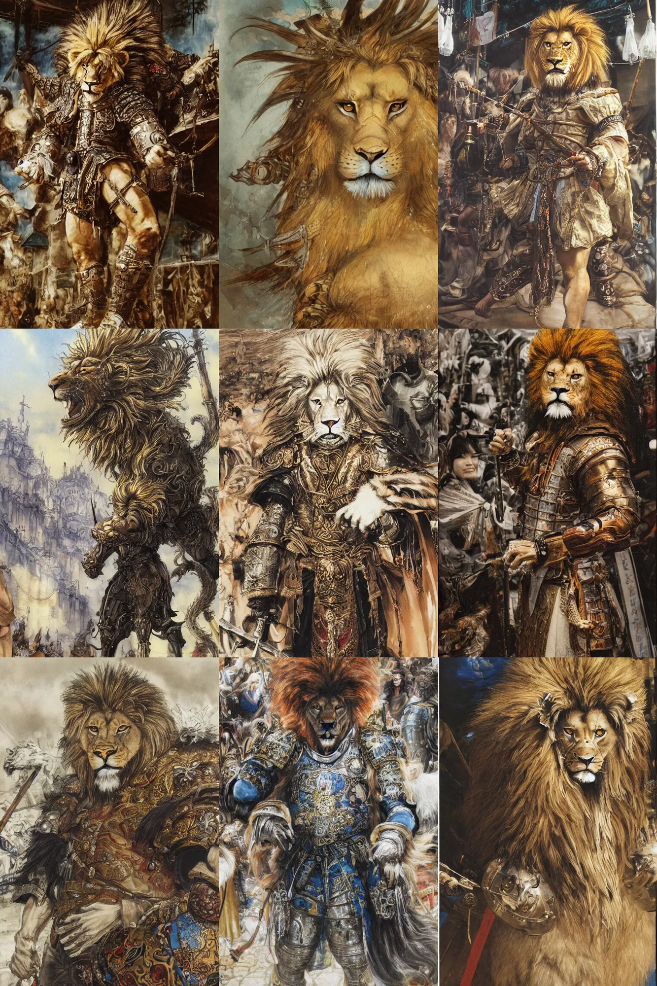 Image similar to 8 k yoshitaka amano painting of upper body of a young cool looking lion beastman with white mane at a medieval market at windy day. depth of field. he is wearing complex fantasy clothing. he has huge paws. renaissance style lighting.