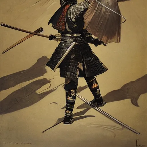 Prompt: samurai in prey picture by j. c. leyendecker and peter paul rubens, asymmetrical, dark vibes, realistic painting, organic painting, matte painting, geometric shapes, hard edges, graffiti, street art : 2 by j. c. leyendecker and peter paul rubens : 4