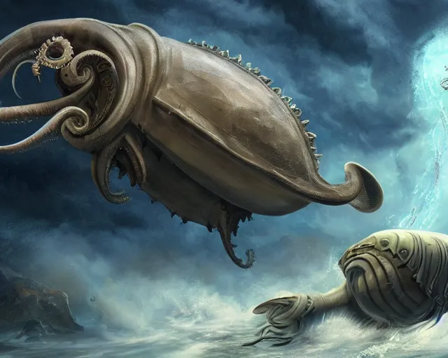 Image similar to concept art trending on art station detailed matte painting of the nautilus submarine being attacked by a kraken with cthulhu like wings, tentacles, dramatic, 8k, digital art