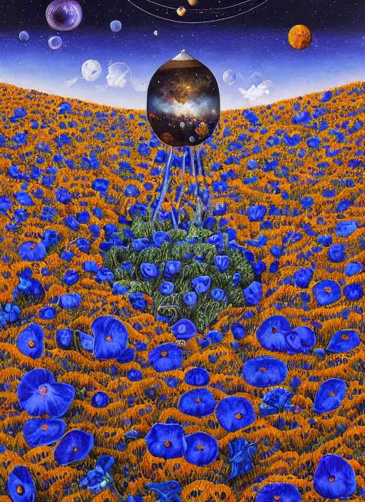 Image similar to detailed, intricate blue black and purple papaverum flower on the field, nebula, galaxy in the sky, winning award masterpiece, fantastically beautiful, illustration, aestheticly inspired, jacek yerka, upscale with anguissola sofonisba work, artstation, 8 k