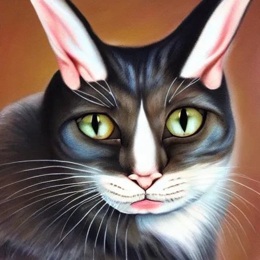 Image similar to realistic oil painting of a half cat half bunny hybrid