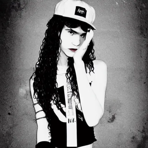 Image similar to A photo of Grimes, taken from her Instagram account, with the caption art is the weapon, in a black and white filter, with a dark and gritty vibe.