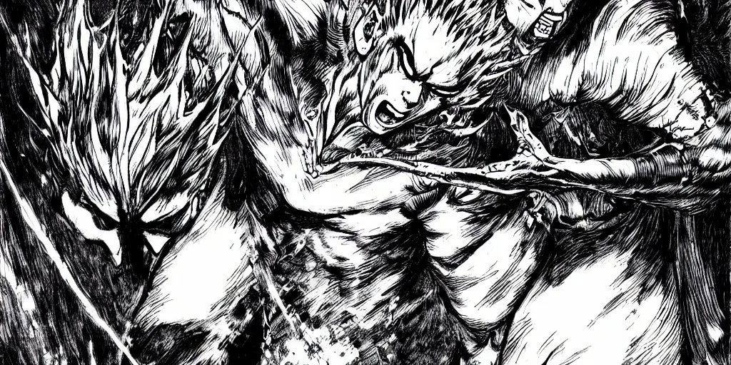 Prompt: Guts from the Berserk manga fighting a demon, manga style, high-detailed illustration