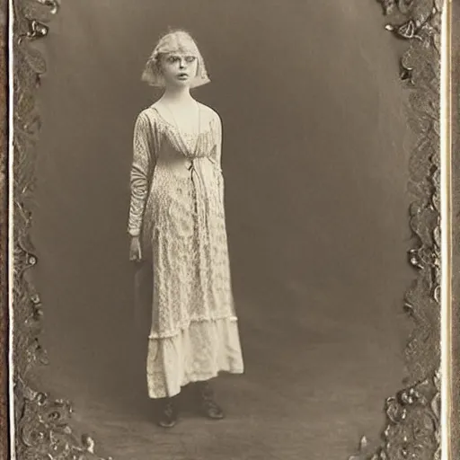 Prompt: Edwardian photograph of Elle Fanning, silk dress, 1910s, 1900s, 1920s, grainy, detailed, realistic