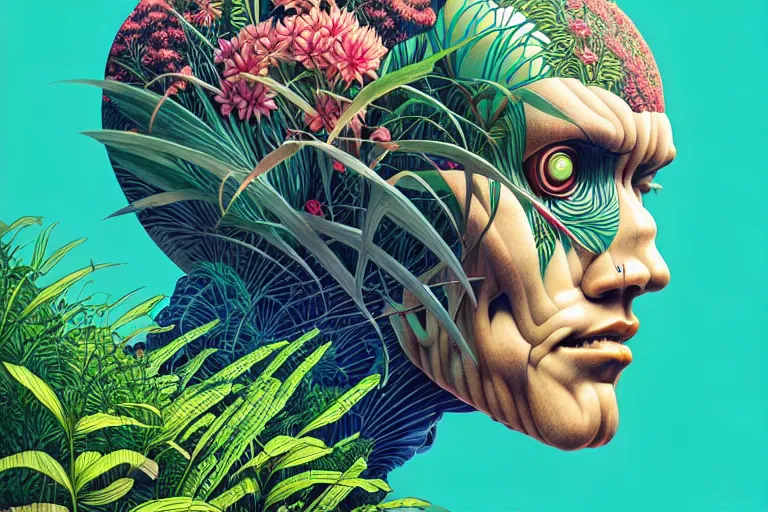 Image similar to gigantic robot head, a lot of exotic vegetation, trees, flowers by moebius, junji ito, tristan eaton, victo ngai, artgerm, rhads, ross draws, hyperrealism, intricate detailed, risograph