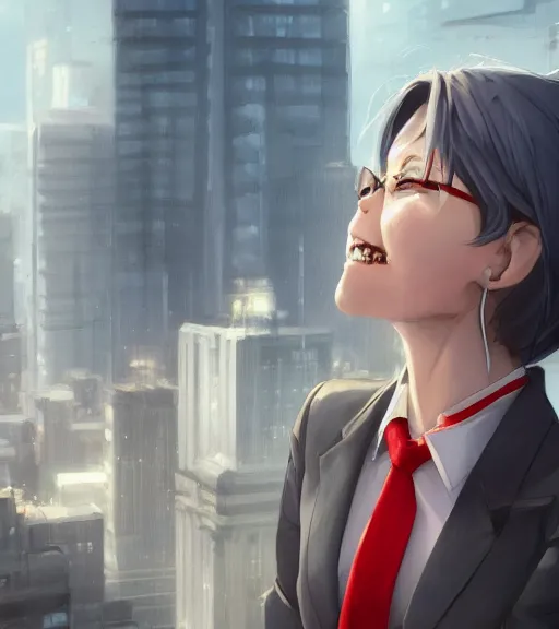 Prompt: a girl in a business suit, close up, sharp focus, red necktie, grey hair, happy expression, full body shot, pixiv, city background, digital painting, by tran ross and jordan grimmer and greg rutkowski, anime art, artstation, hd, smooth,