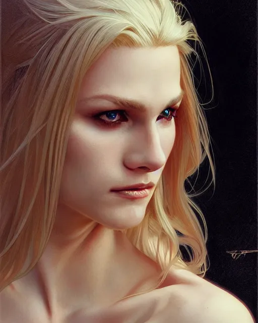 Image similar to portrait of a blonde vampire, dark, piercing eyes, gentle expression, elegant clothing, photorealistic, highly detailed, artstation, smooth, sharp focus, art by michael whelan, artgerm, greg rutkowski and alphonse mucha