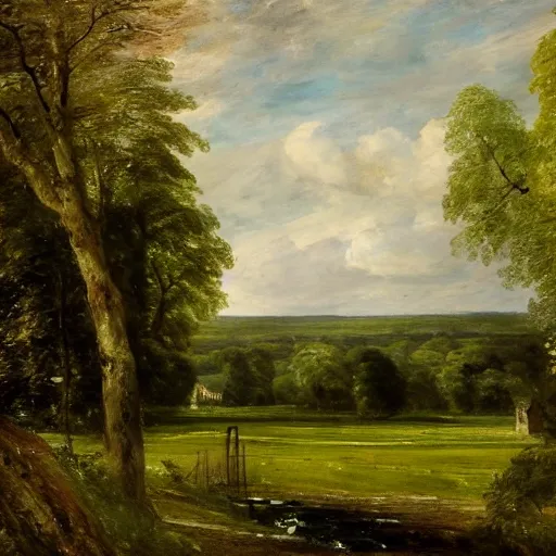 Prompt: Painting of a grand victorian building with surrounding woodland. High resolution. In the style of John Constable