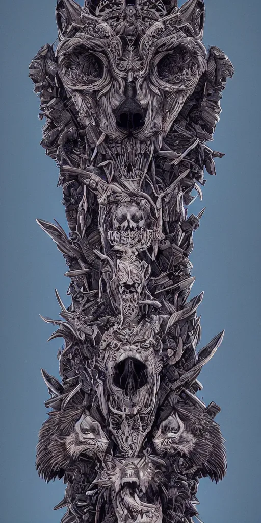 Image similar to A totem with a skull and an wolf by beeple, coherent, symmetrical, intricate, high detail, digital painting, hyper realism, octane render, 4k, trending on artstation