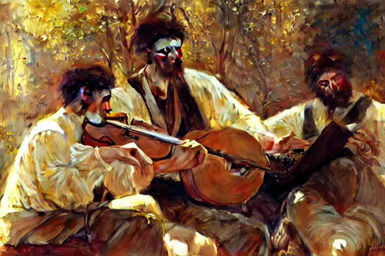 Image similar to 2 attractive men playing music, painting by gaston bussiere, craig mullins, greg rutkowski, alphonse mucha