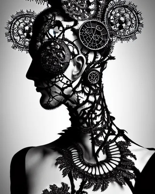 Image similar to surreal black and white photo portrait of complex bio-mechanical beautiful young female vegetal-cyborg with a Mandelbrot fractal steampunk metal fine lace face, a very long neck and a fine metal floral foliage super big lace collar by Alexander McQueen:: smoke, high fashion, haute couture, rococo, steampunk, silver filigree details, anatomical, facial muscles, cable wires, microchip, elegant, dreamy, foggy atmosphere, hyper realistic, 150 mm lens, soft rim light, octane render, unreal engine, picture was taken in 1910 by Man Ray, volumetric lighting, dramatic light,8k,